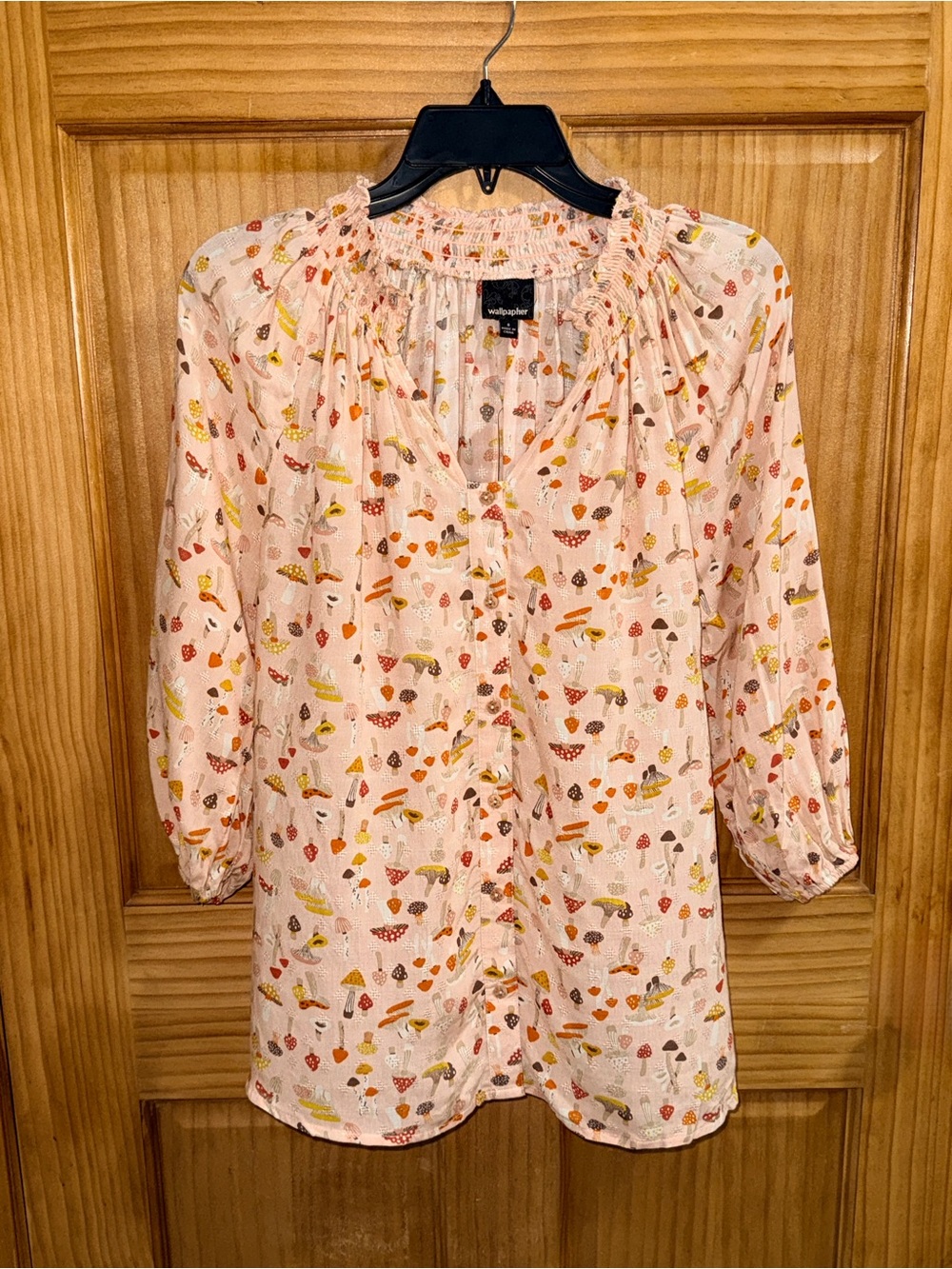 NWT Wallpapher Pale Pink Mushroom-Print Peasant BD Shirt w/Multicolor Accents-S - Picture 3 of 10